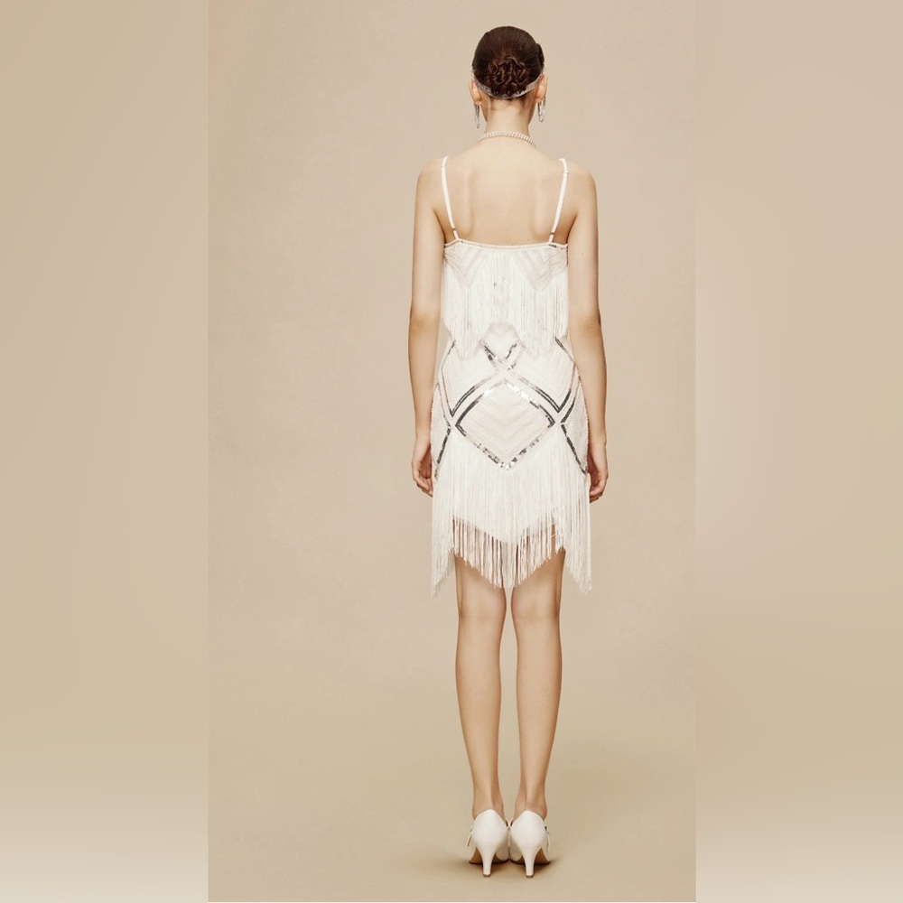 MWT BABEYOND Women's Beaded Sequin V -Neck Mini Slip Dress Size S White - Picture 3 of 5